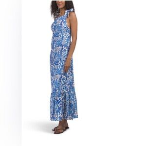 Made In Italy Linen Blend Tie Shoulder subtle Animal Print Maxi Dress